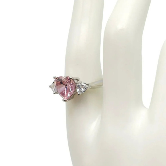Pink Heart Clear Glass Rhinestone Silver Plated Vintage Cocktail Ring Size 8.75 - Picture 5 of 8
